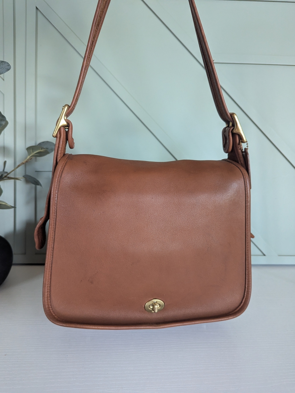 Coach Tan Leather Messenger Bag with Gold Hardware